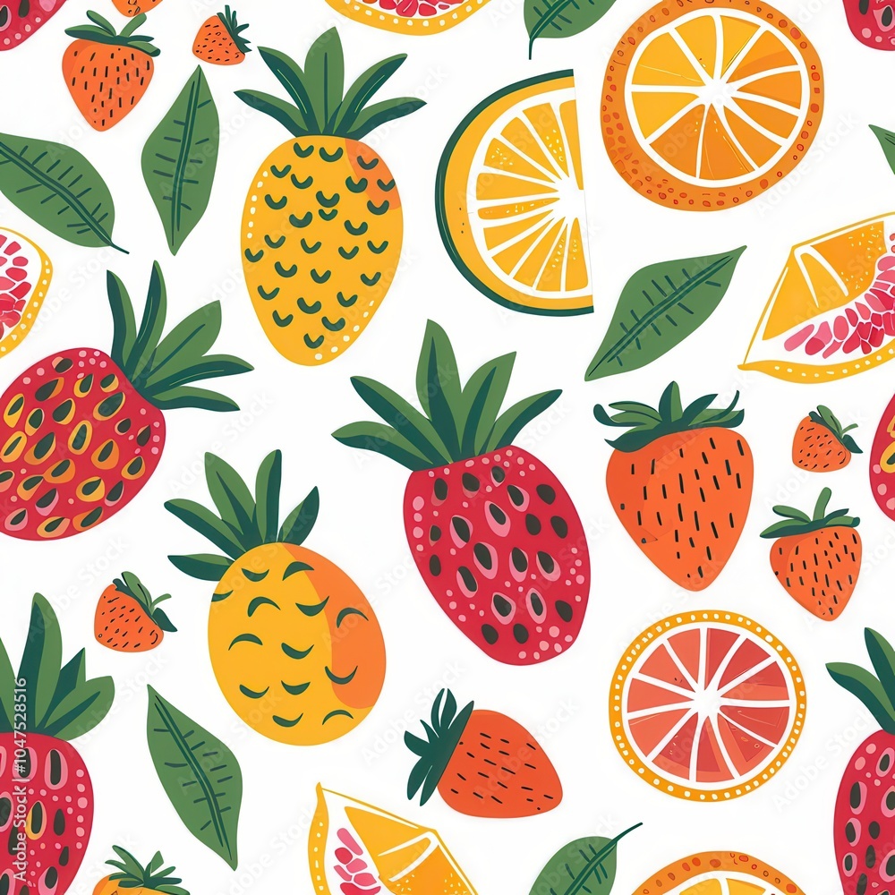 A vibrant arrangement of strawberries, pineapples, and oranges adorned by green leaves creates a cheerful summer pattern. Generative AI A vibrant arrangement of strawberries, pineapples, and oranges adorned by green leaves creates a cheerful summer pattern. Generative AI