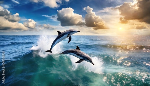 Dolphins jump over the water in the ocean