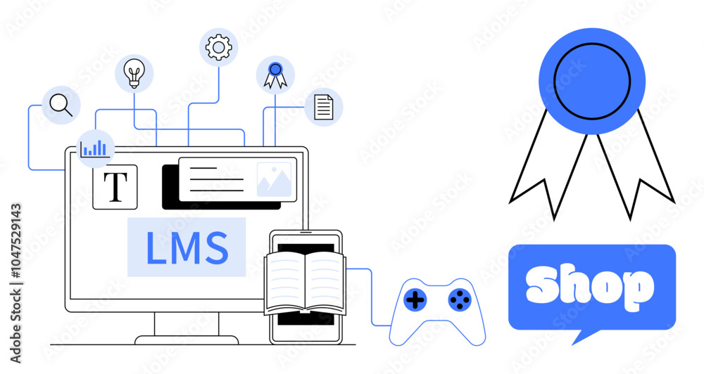Computer with LMS tools, book, and game controller. Ideal for online learning, gamification, e-commerce, certification, and digital education Computer with LMS tools, book, and game controller. Ideal for online learning, gamification, e-commerce, certification, and digital education