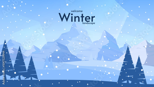 Vector illustration. Winter landscape. Hills with mountains and trees. Flat style vector illustration.
