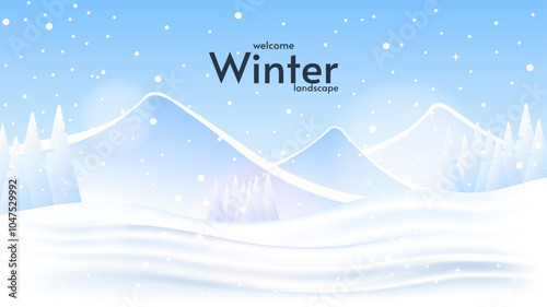 Vector illustration. Flat winter landscape. Snowy backgrounds. Snowdrifts. Snowfall. Clear blue sky. Blizzard. Snowy weather. Natural tree silhouettes.