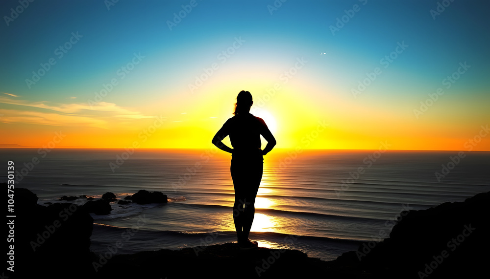Fototapeta premium wellbeing concept, silhouette of person enjoying beautiful sunset with view of ocean isolated with white highlights, png