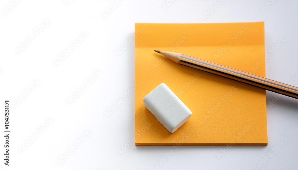 Pencil and eraser next to notes on side position provides copy space for text. background concept isolated white Pencil and eraser next to notes on side position provides copy space for text. background concept isolated white