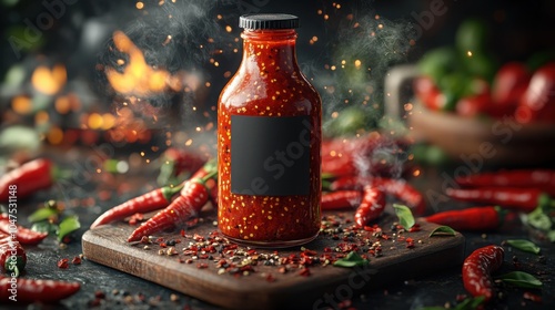 A Bottle of Spicy Hot Sauce with a Blank Mockup Label Ideal for Food and Cooking Related Branding and Marketing Purposes photo