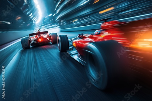 Two racing cars are speeding down a track
