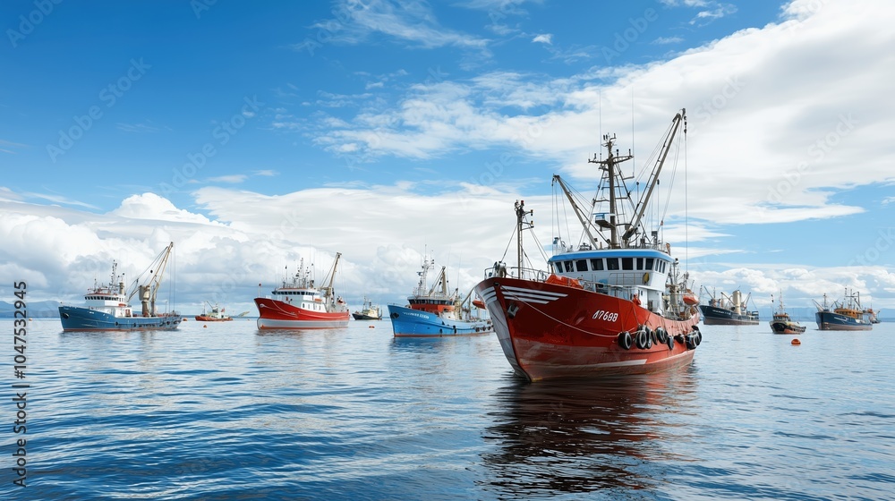 Large red boat is in the middle of a group of other boats. The scene is calm and peaceful, with the boats floating on the water Large red boat is in the middle of a group of other boats. The scene is calm and peaceful, with the boats floating on the water