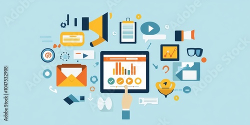 Wallpaper Mural This shows how businesses use digital tools like websites, social media, emails, and videos to sell products online. The picture shows someone using a tablet to manage these online marketing efforts. Torontodigital.ca