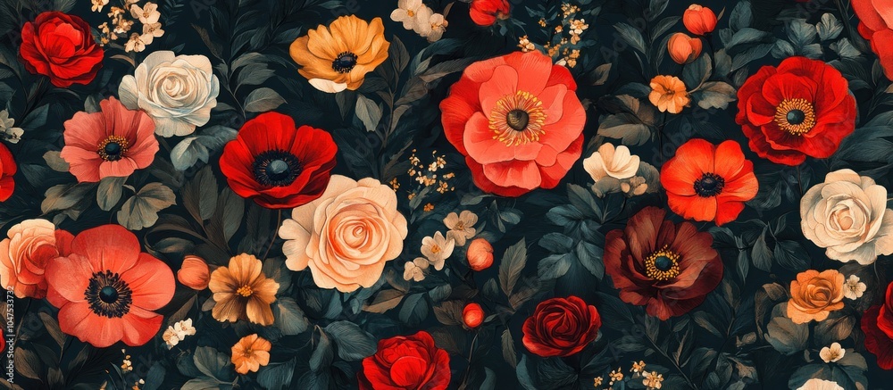 Seamless pattern with colorful flowers on a dark background. Seamless pattern with colorful flowers on a dark background.