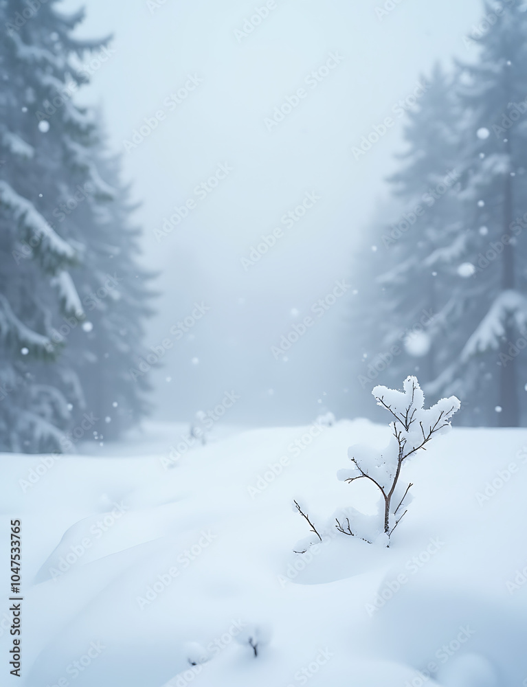 Fototapeta premium Snow falls gently on a blanket of white snowdrifts in a serene winter wonderland scene with a beautiful ultrawide image backdrop.