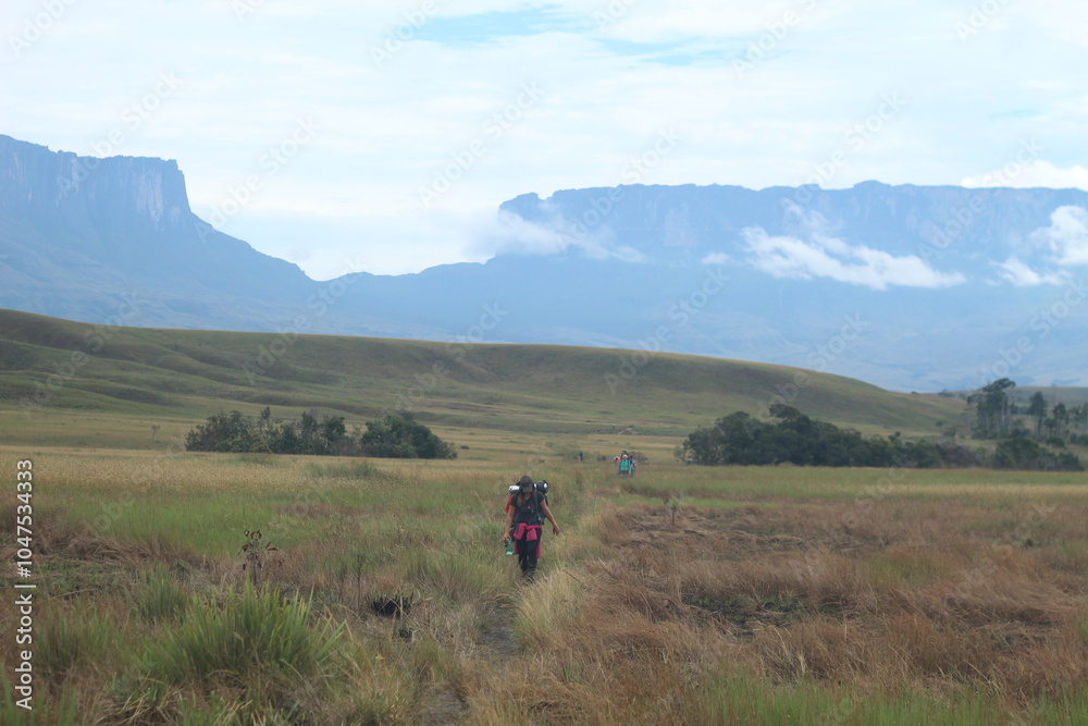 mulher em trilha com monte roraima ao fundo mulher em trilha com monte roraima ao fundo