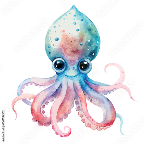 Cute Watercolor Squid on White Background