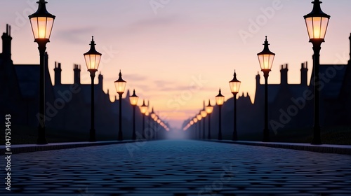 Fototapeta Naklejka Na Ścianę i Meble -  Street with a row of street lamps and houses. The street lamps are lit up and the sky is a beautiful orange color