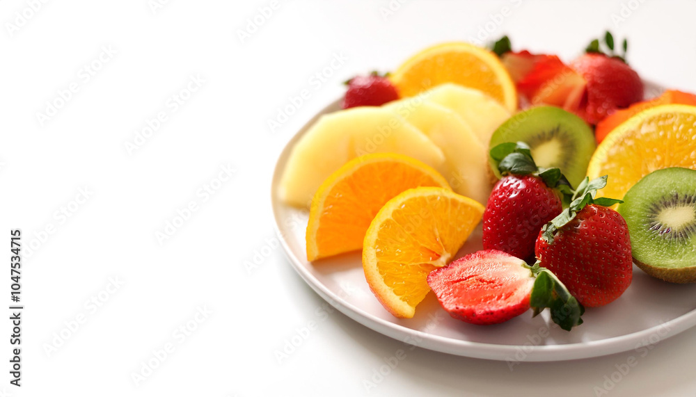Plate of cut fruit on side position provides copy space for text. background concept isolated white Plate of cut fruit on side position provides copy space for text. background concept isolated white