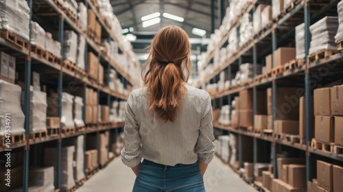 Employee examining the arrangement of goods on racks, large warehouse, back view photo