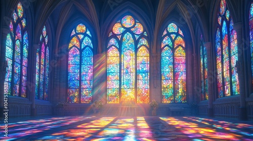 A beautifully lit interior featuring vibrant stained glass windows casting colorful reflections on the floor.