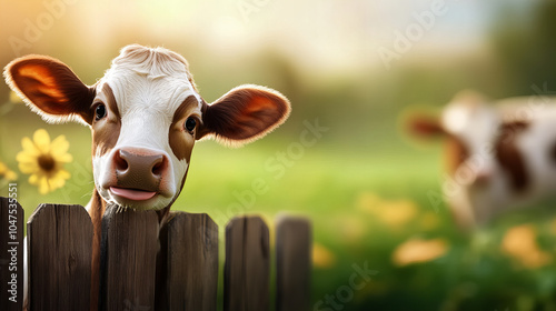 Banner depicting curious cow peeking over wooden fence, idyllic farmland scene with warm sunlight on grassy fields around. photo