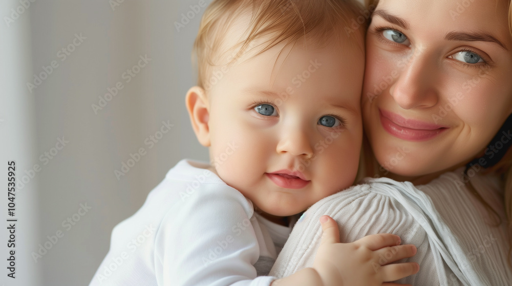 Loving mother embracing her young baby on a simple background Loving mother embracing her young baby on a simple background