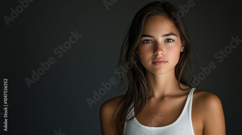 Beautiful woman in white t-shirt Women's breasts dark light background