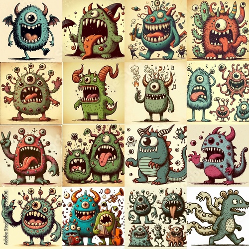 Cartoon monsters. Vintage style drawing. AI generated illustration