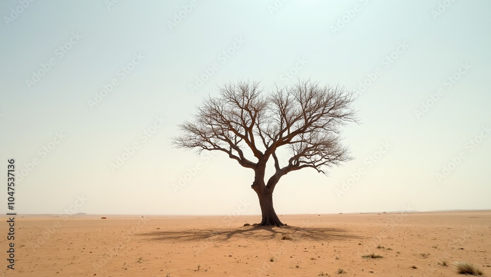 Lonely tree in barren desert symbolizing isolation and resilience Lonely tree in barren desert symbolizing isolation and resilience