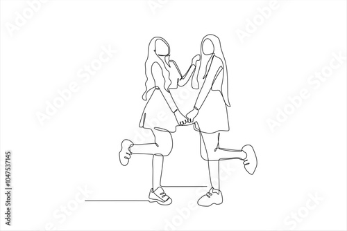 A continuous line drawing of two girls holding hands and posing playfully.