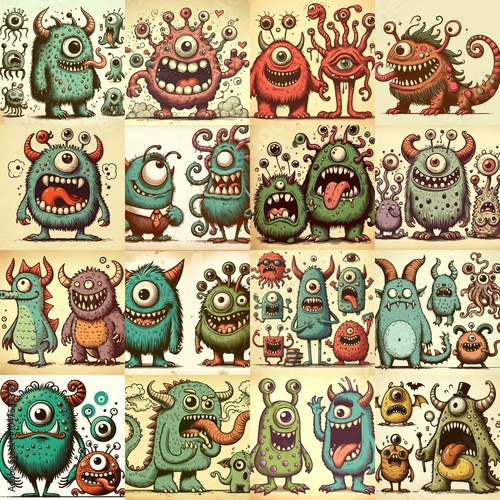 Wallpaper Mural Cartoon monsters. Vintage style drawing. AI generated illustration Torontodigital.ca
