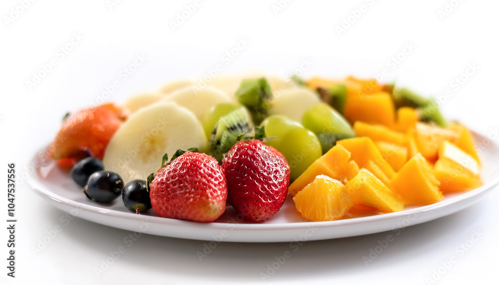 Plate of cut fruit on side position provides copy space for text. background concept isolated white Plate of cut fruit on side position provides copy space for text. background concept isolated white