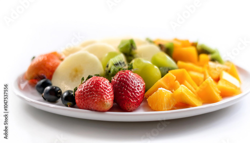 Plate of cut fruit on side position provides copy space for text. background concept isolated white