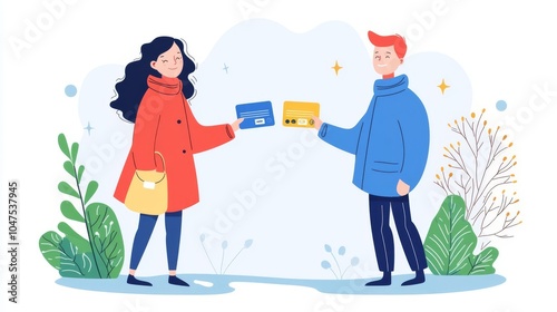 A vibrant illustration of two friends exchanging gift cards, showcasing connection and joy in a colorful outdoor setting.