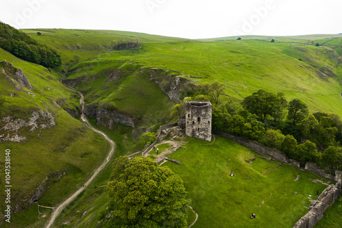 Fotografie Aerial view wtih beautiful green landscape of Cave Dale limestone deep valley la