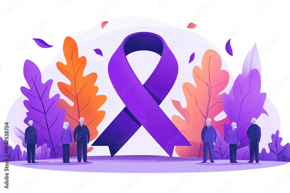 Fototapeta premium Elderly people and purple ribbon representing Alzheimer's disease and Dementia diagnosis, Parkinson's. Age-related health problems and memory loss. concept of mental health care in old age.