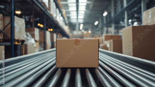 A cardboard box sits on a conveyor belt in a warehouse filled with packed goods, showcasing logistics and distribution processes.