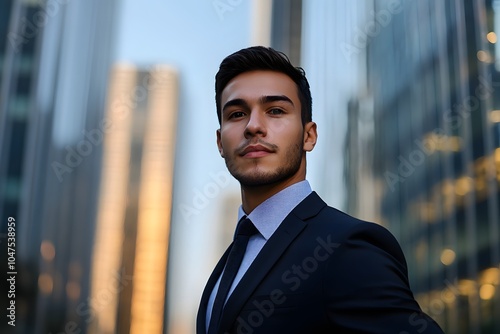 modern professional businessman in formal wear with suit and tie with urban cityscape and skyscrapers in the background