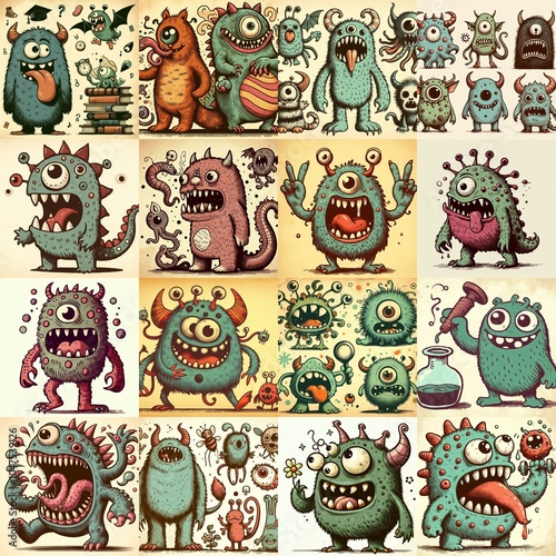 Cartoon monsters. Vintage style drawing. AI generated illustration