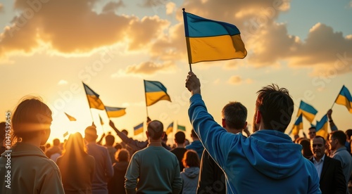 People gather at sunset, holding Ukrainian flags in a show of solidarity and national pride during a peaceful demonstration