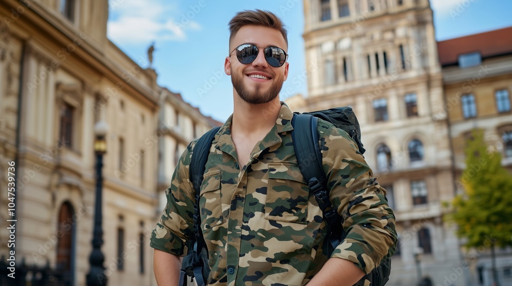 Urban Adventure: Young Traveler in Camouflage Jacket and Sunglasses Exploring Historic European City