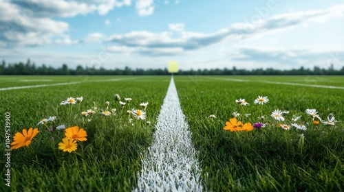 Football field with wildflowers growing along the sidelines