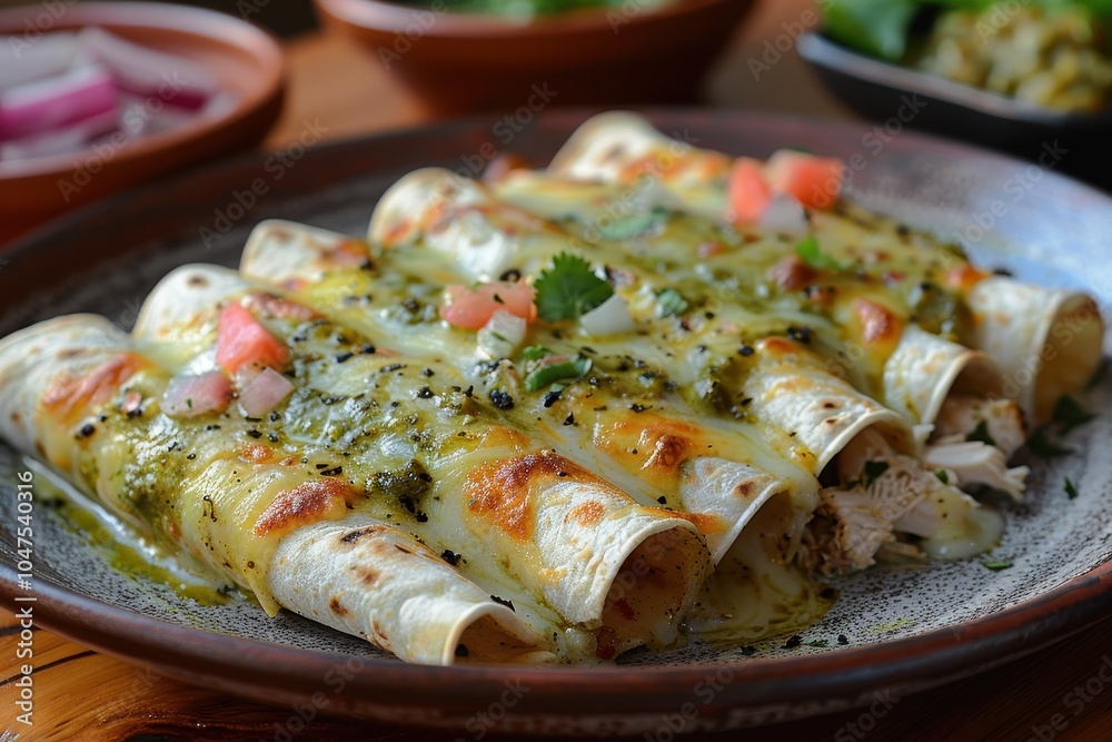A plate of enchiladas suizas, with chicken-filled tortillas topped with a creamy green salsa and melted cheese A plate of enchiladas suizas, with chicken-filled tortillas topped with a creamy green salsa and melted cheese