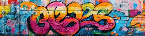 Colorful graffiti on urban wall with vibrant abstract shapes photo