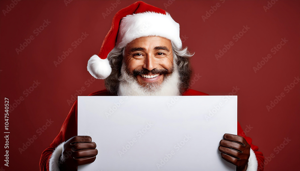 Santa smiles at a blank ad banner with plenty of empty space around him in an advertisement_1(546) Santa smiles at a blank ad banner with plenty of empty space around him in an advertisement_1(546)