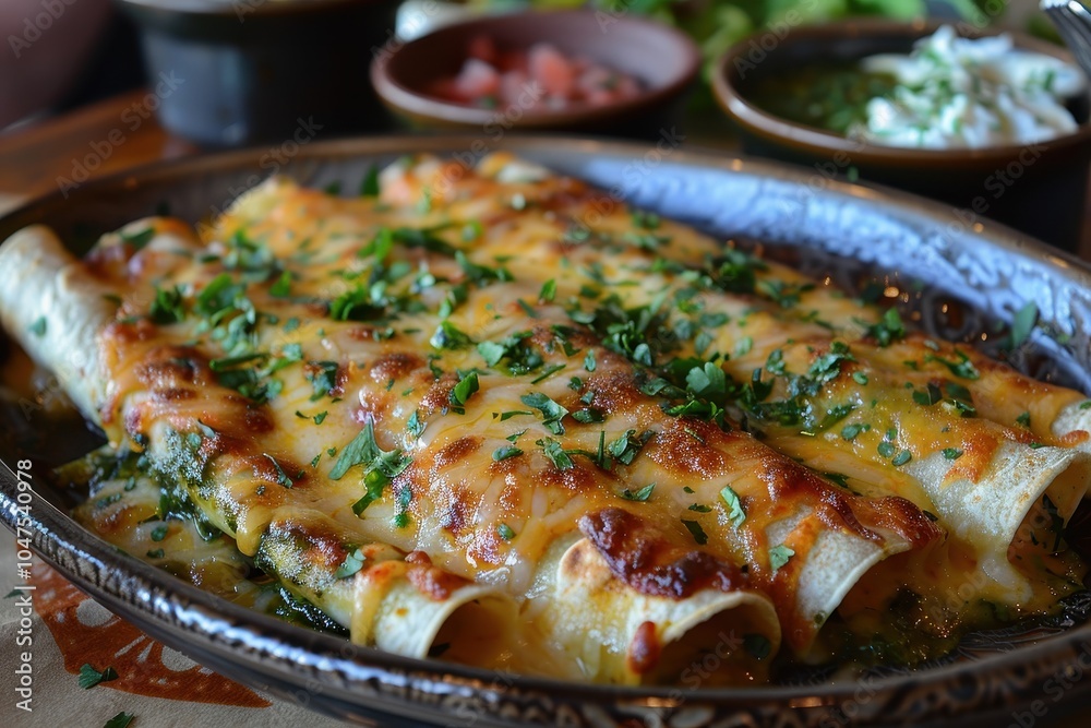 A plate of enchiladas suizas, with chicken-filled tortillas topped with a creamy green salsa and melted cheese A plate of enchiladas suizas, with chicken-filled tortillas topped with a creamy green salsa and melted cheese