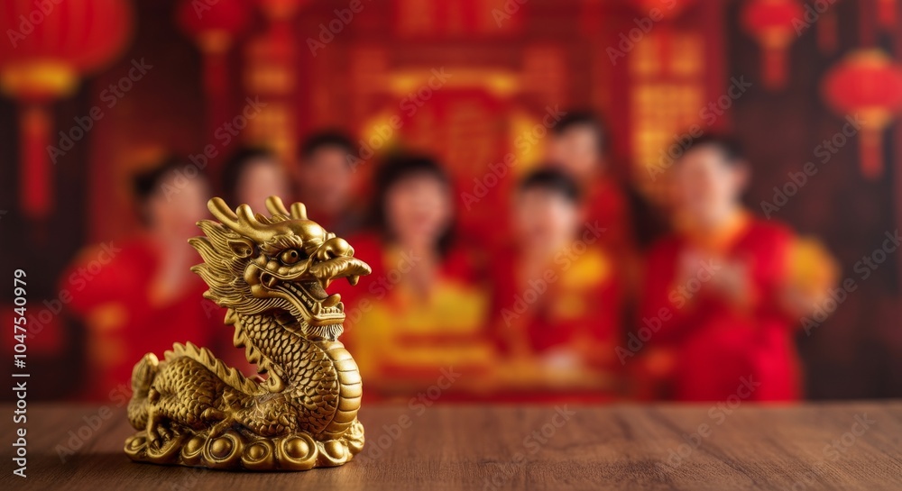 Fototapeta premium Close-up of a decorative golden dragon figurine, a symbol of power and prosperity. The background of a blurred Chinese New Year party scene adds to the atmosphere of celebration and tradition.