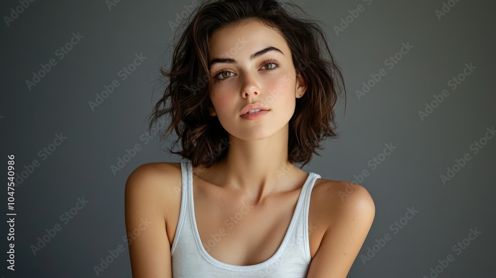 Fototapeta premium Beautiful woman in white t-shirt Women's breasts dark light background