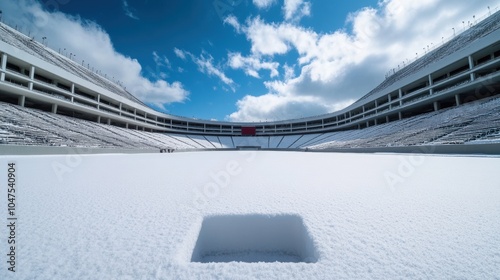 Snowy football stadium with the field covered in a light dusting of snow photo