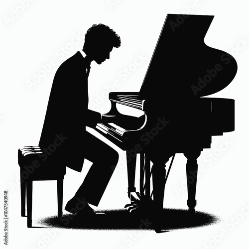 Grand piano man silhouette, isolated white background