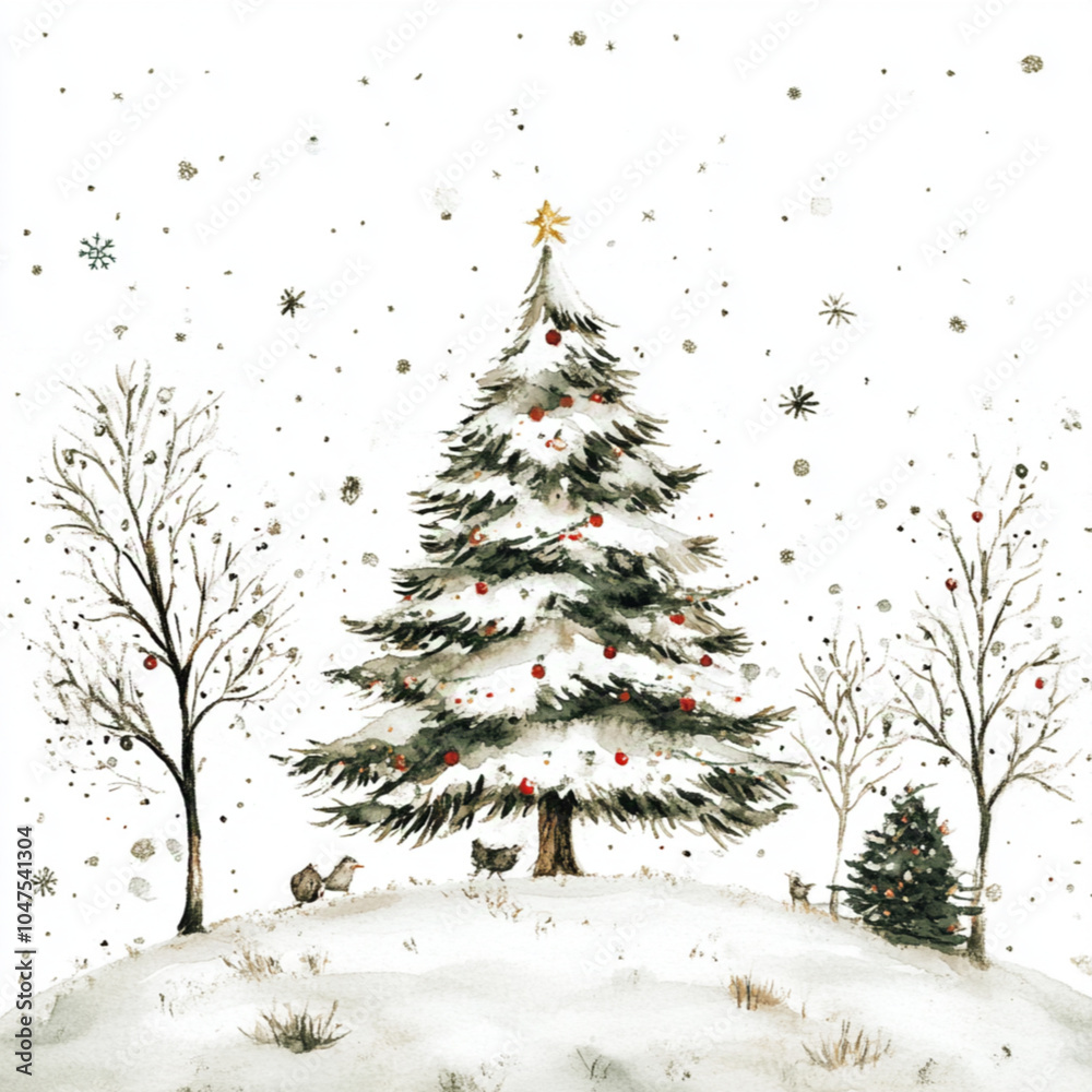 Obraz premium illustrated Christmas card, simple painting on white background