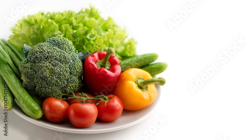 Plate of fresh vegetables on side position provides copy space for text. background concept isolated white