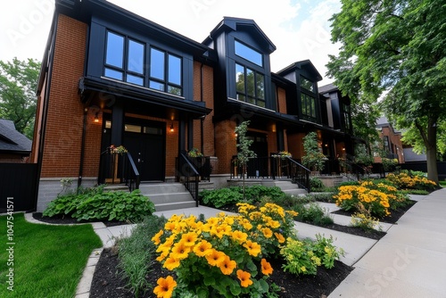 A neighborhood in a historic district with brick townhouses, cobblestone streets, and vintage street lamps, capturing the timeless charm of historic urban areas photo