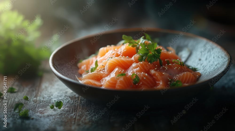Freshly sliced salmon sashimi rests elegantly on a textured black plate, garnished with vibrant green herbs, highlighting its exquisite presentation and taste Freshly sliced salmon sashimi rests elegantly on a textured black plate, garnished with vibrant green herbs, highlighting its exquisite presentation and taste