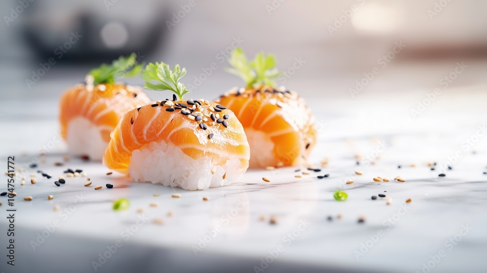 Sushi rolls featuring fresh salmon topped with sesame seeds and garnished with vibrant herbs are elegantly displayed on a marble surface, inviting diners to indulge Sushi rolls featuring fresh salmon topped with sesame seeds and garnished with vibrant herbs are elegantly displayed on a marble surface, inviting diners to indulge